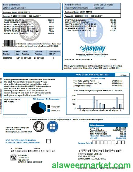 United Kingdom The Birmingham Water Works utility bill template in Word and PDF formats